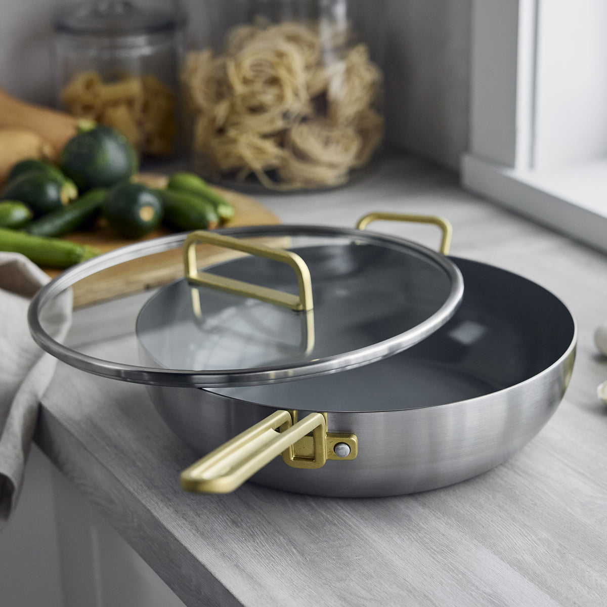 Stanley Tucci™ Stainless Steel Ceramic Nonstick 6.5-Quart Essential Stanley Pan with Lid | Champagne Handle - Image 6