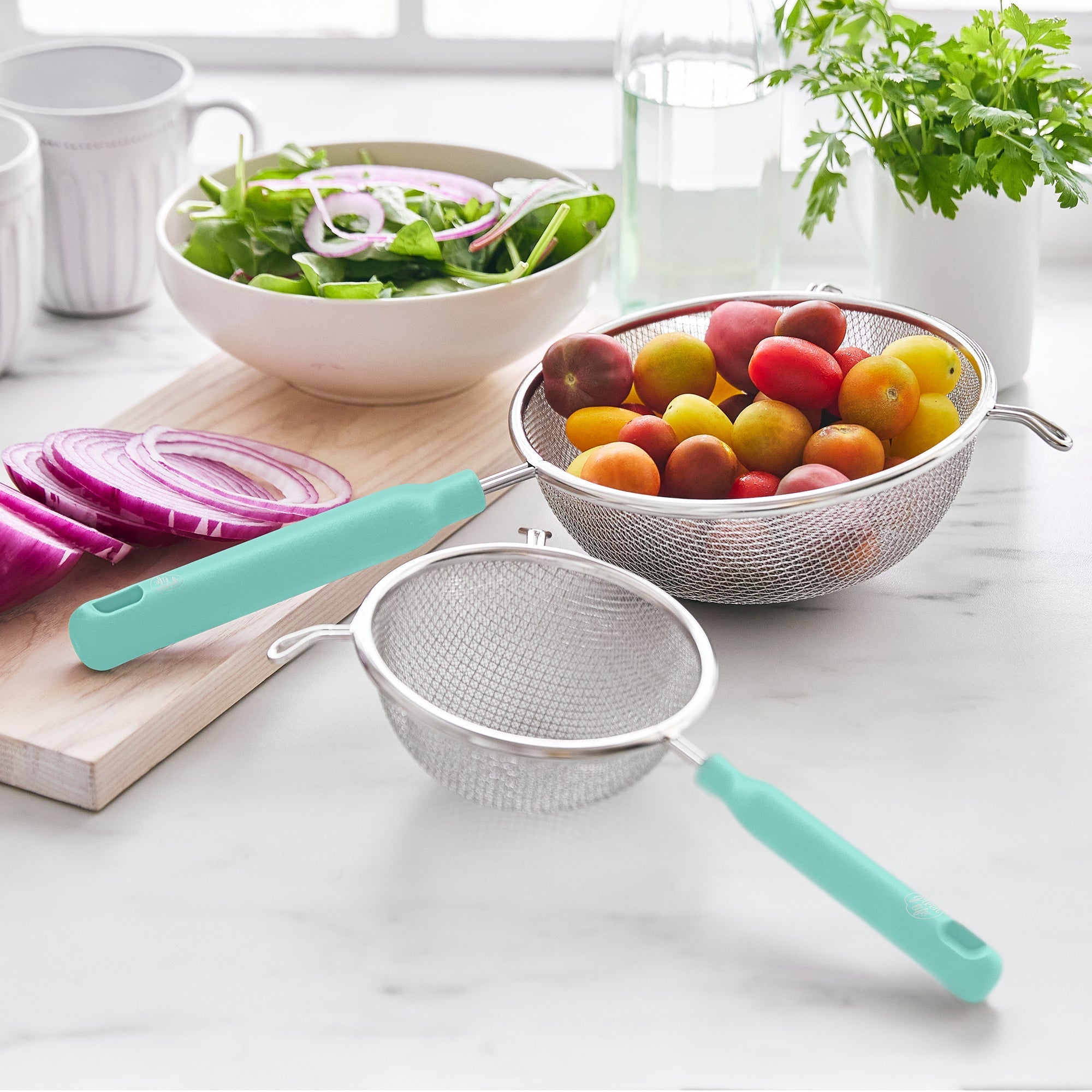 GreenLife Stainless Steel Mesh Strainers. Set of 4 | Turquoise - Image 5