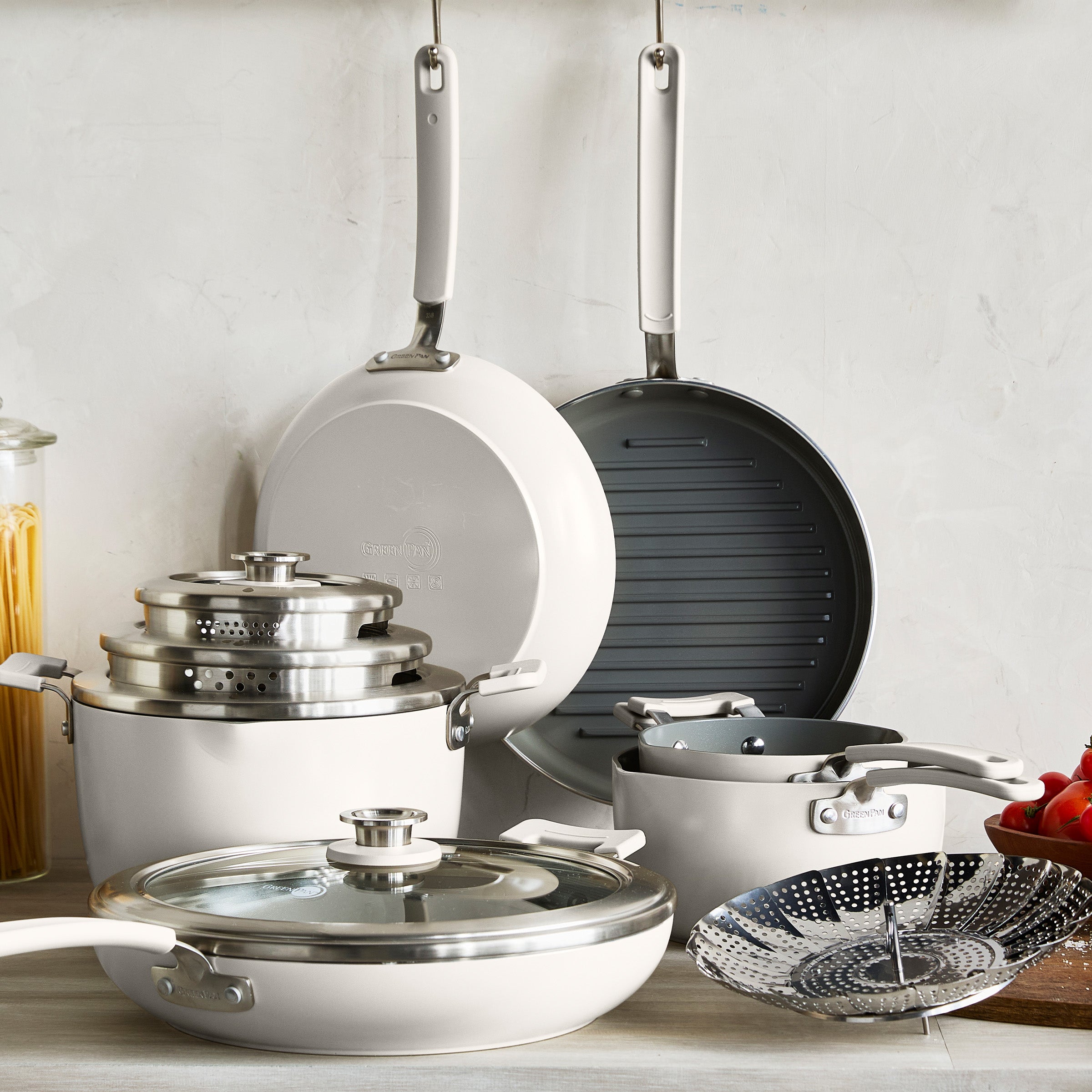 Space Saving Stack Ceramic Nonstick 11-Piece Cookware Set | Cream - Image 3