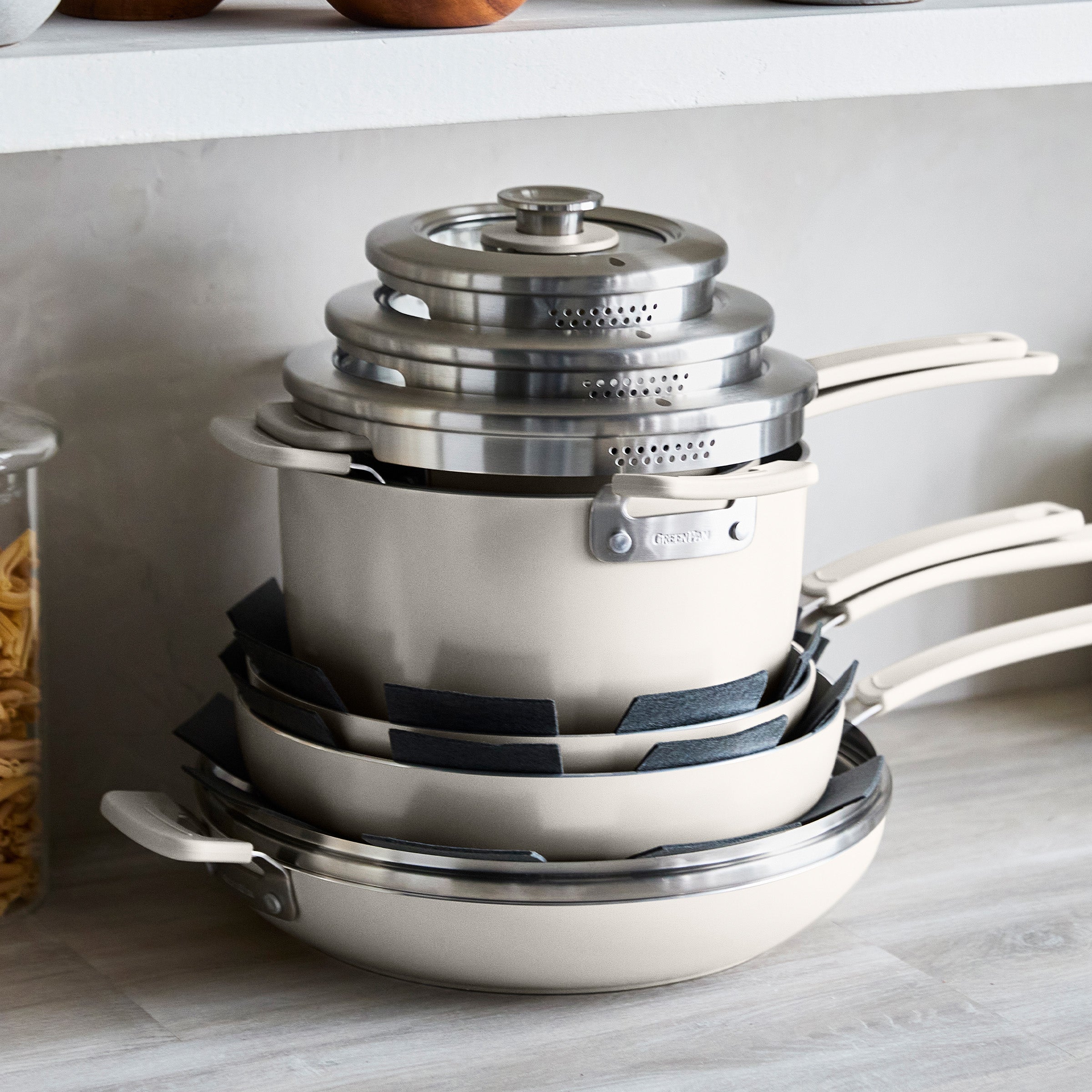Space Saving Stack Ceramic Nonstick 11-Piece Cookware Set | Cream - Image 2