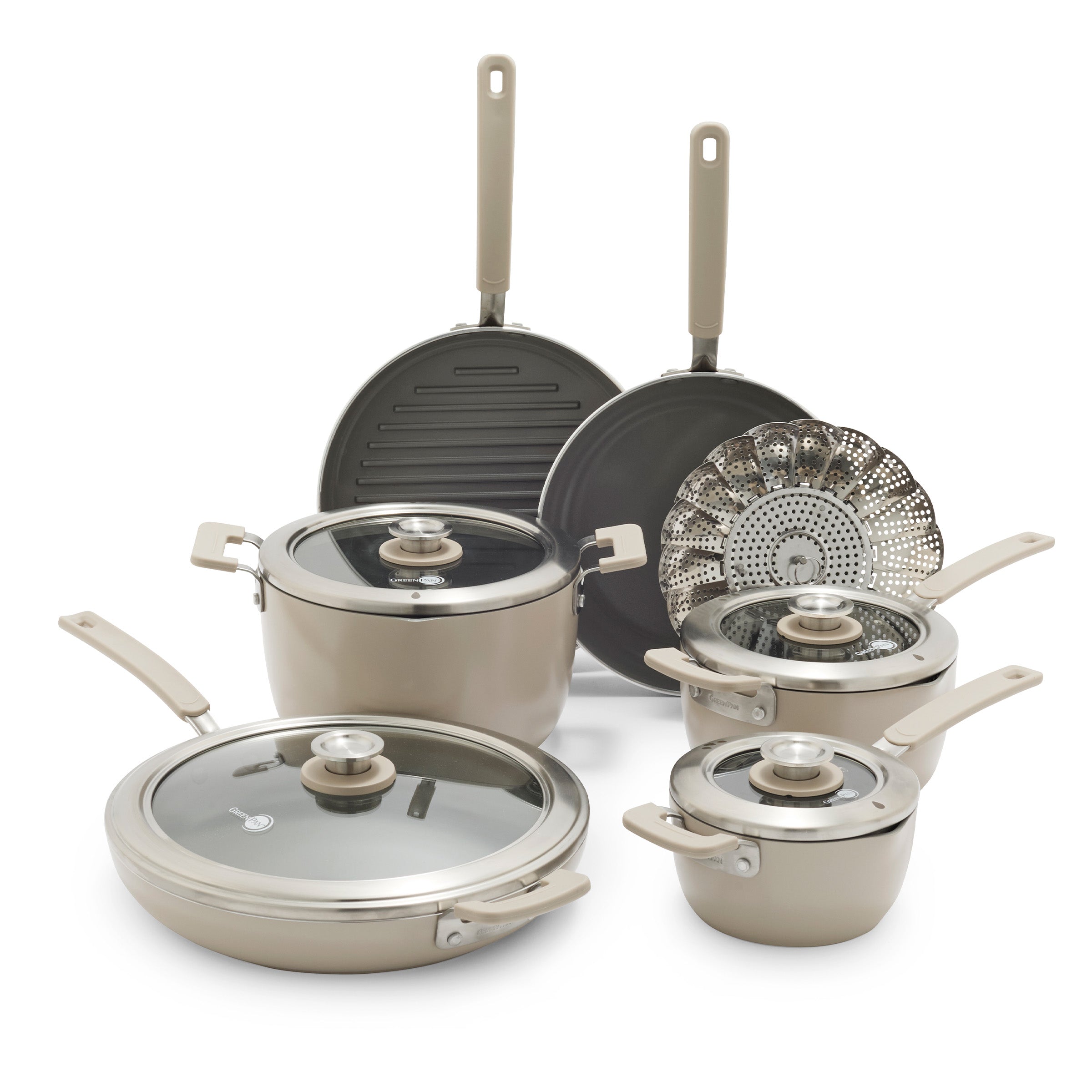 Space Saving Stack Ceramic Nonstick 11-Piece Cookware Set | Taupe