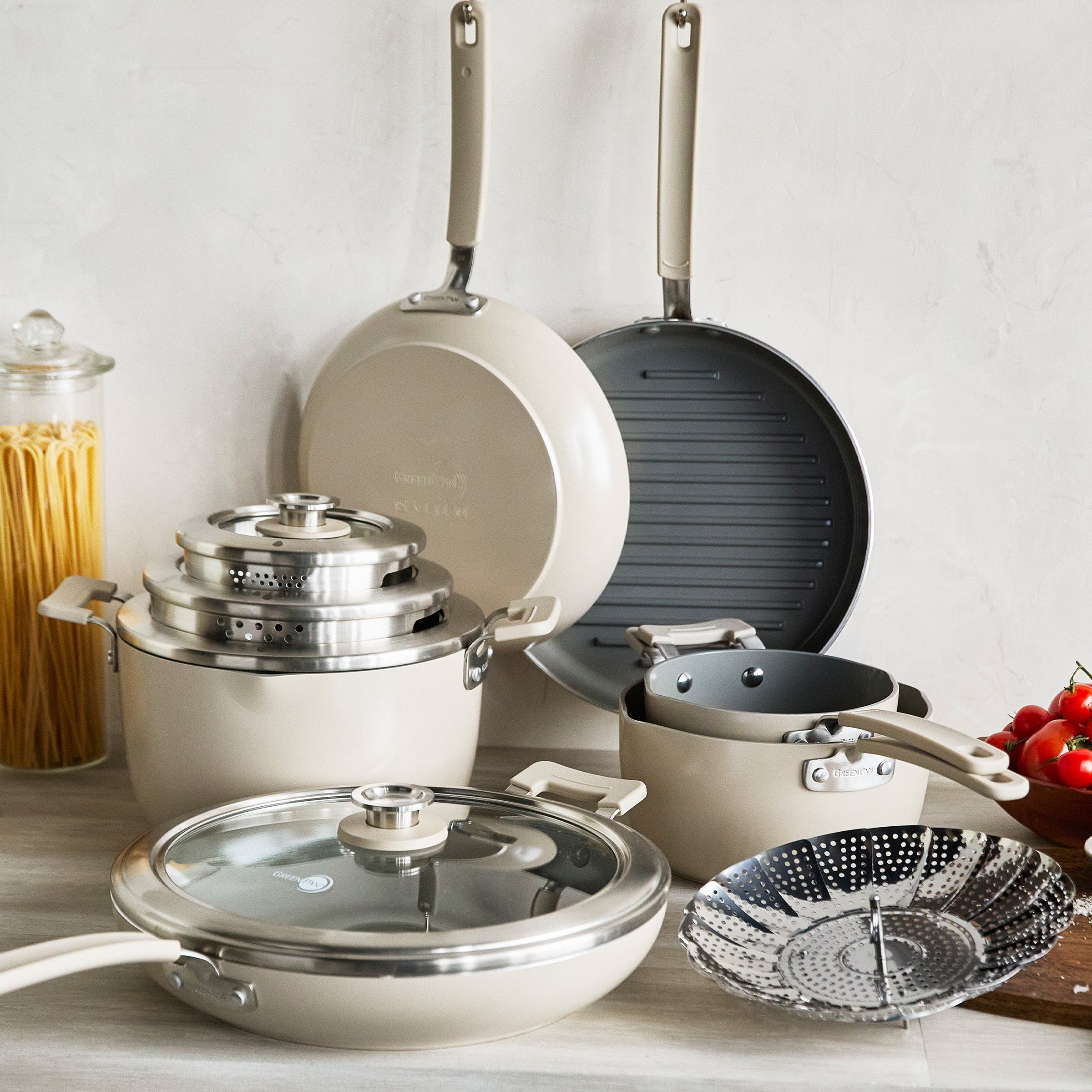 Space Saving Stack Ceramic Nonstick 11-Piece Cookware Set | Taupe - Image 3