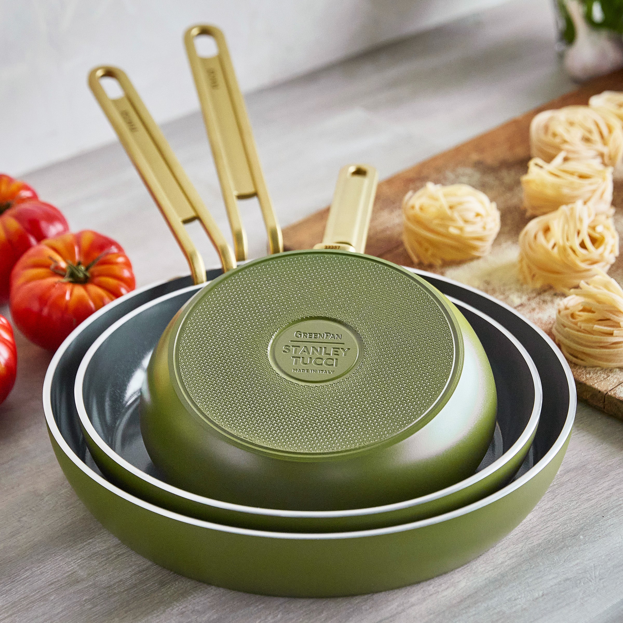 Stanley Tucci™ Ceramic Nonstick 8. 10 and 12 Frypan Set | Tuscan Olive - Image 4