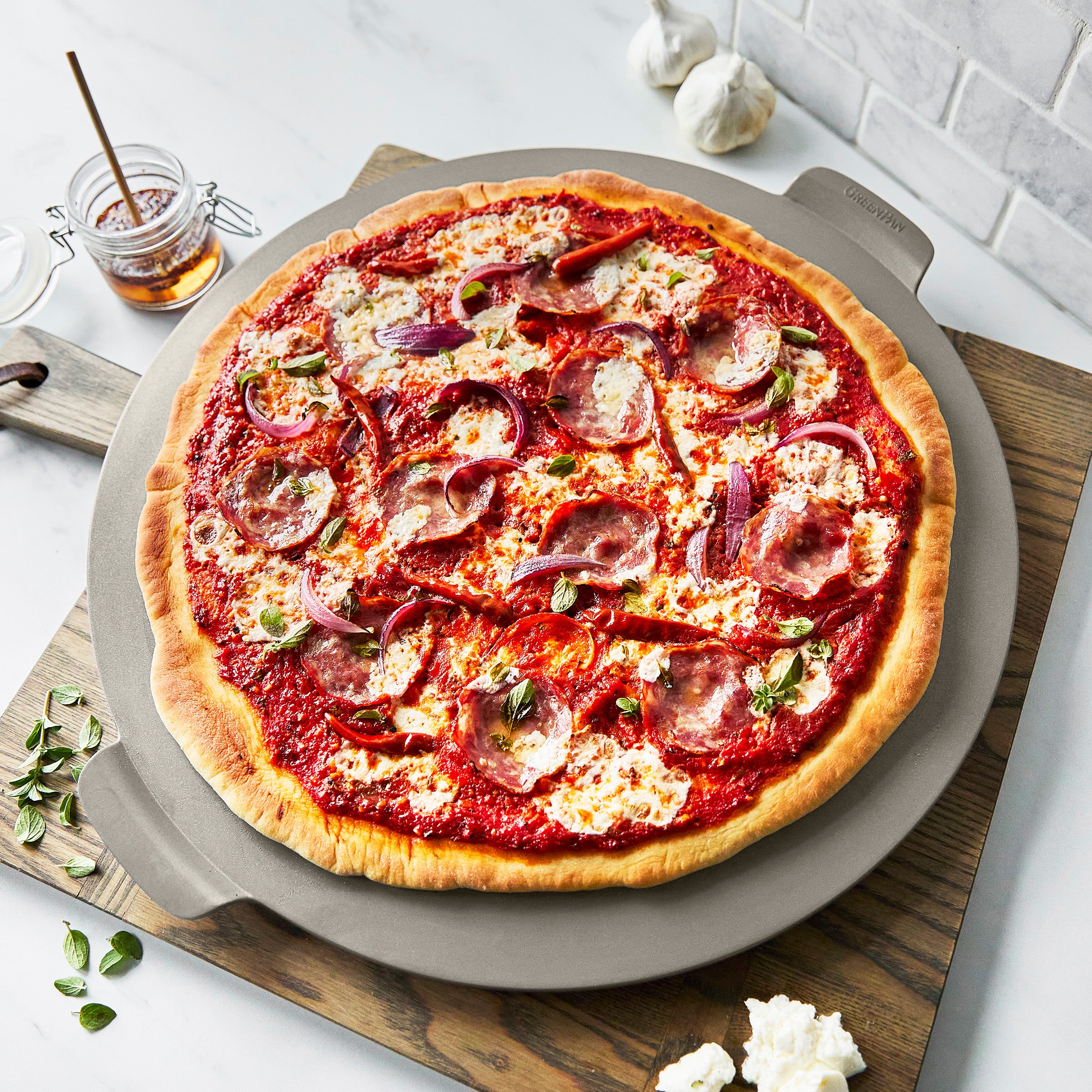 Premiere Ovenware 16.5 Round Pizza Baker | Taupe - Image 3
