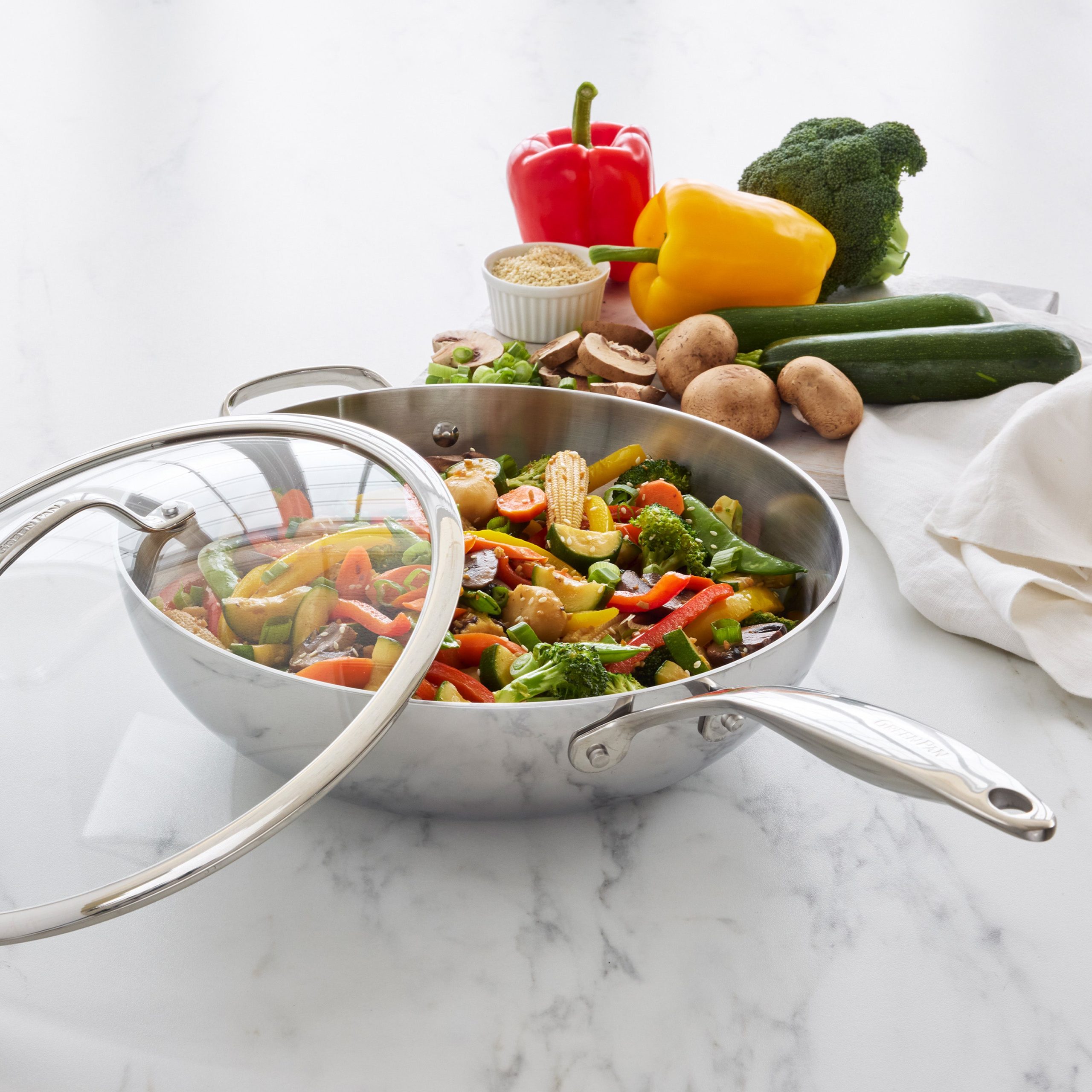 Valencia Pro Stainless Steel Uncoated 12 Wok with Lid - Image 3