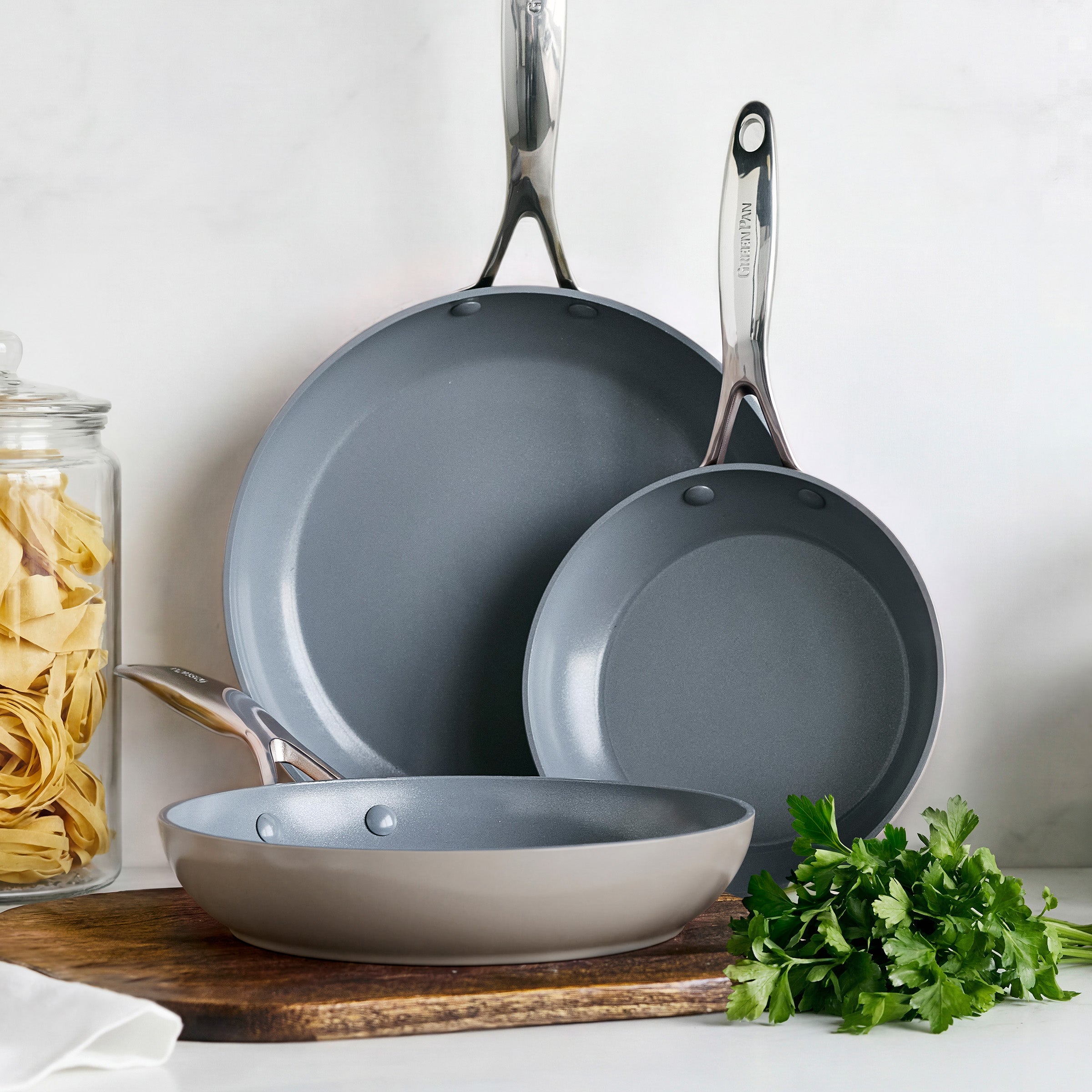 Valencia Pro Ceramic Nonstick 8. 9.5. and 11 Frypan Set | Taupe - Image 8