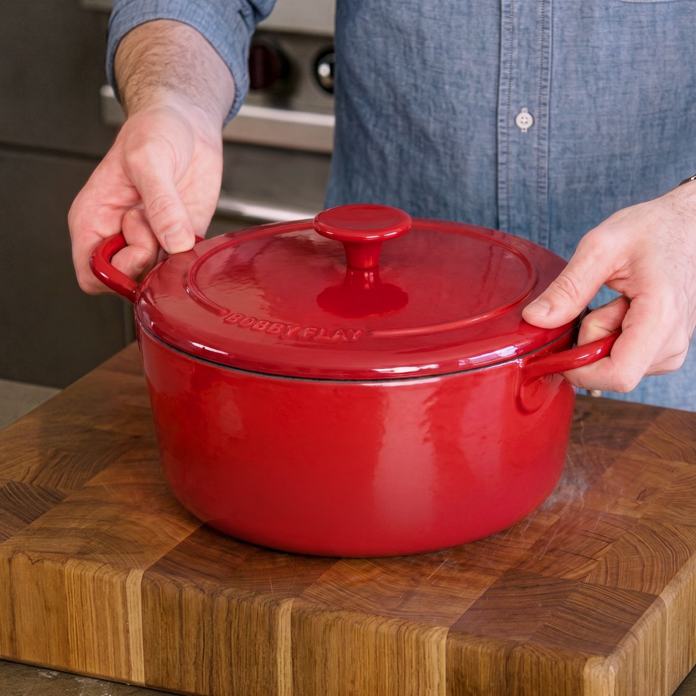 Bobby Flay by GreenPan 5.5-Quart Enameled Cast Iron Dutch Oven 3-Piece Set | Red - Image 4